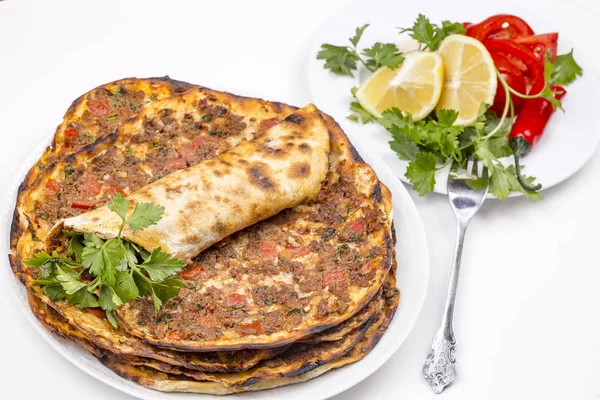 Turkse Levensmiddelen Worden Gebruikt Turkse Pizza Lahmacun — Stockfoto