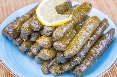 Lezzetli dolma, doldurulmuş üzüm yaprağı pilav, beyaz yoğurt sosu. Lübnan Dolma Sarması tabakta. Lübnan Türkçe Yunanca Ortadoğu mutfağı