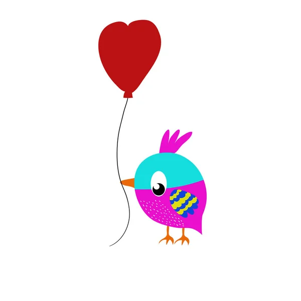 funny bird with heart shaped balloon on white background