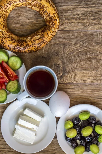 Fresh Vegetables Bagel Bread Boiled Egg Cheese Coffee — стоковое фото