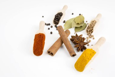 Beyaz arka plan üzerinde çeşitli baharatlar karışık