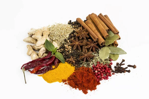 Mixed various spices on the white background