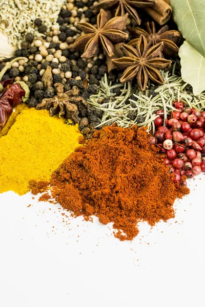 Mixed various spices on the white background