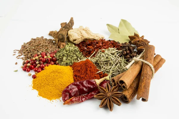 Mixed Various Spices White Background Stock Picture