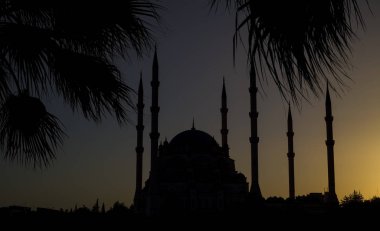 Adana / Türkiye, Sabancı Merkez Camii gece görüşü. Seyahat konsepti fotoğrafı. 