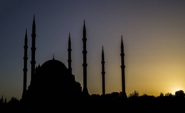 Adana / Türkiye, Sabancı Merkez Camii gece görüşü. Seyahat konsepti fotoğrafı. 