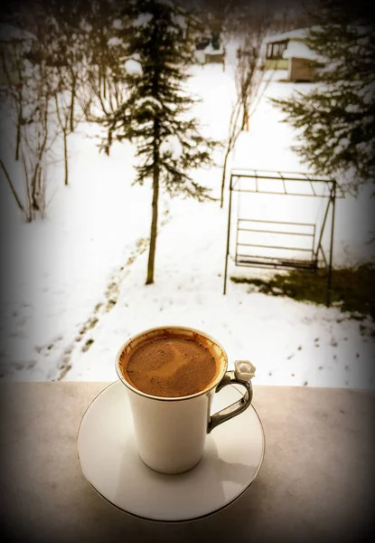 Winter Snow View One Cup Coffee — Stok Foto