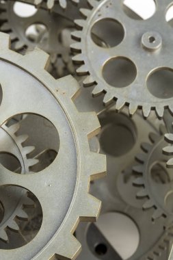 Eski saat mekanizması ve SMM görünümünü kapatın. Başarılı iş tasarımınız için kavramsal fotoğraf. Kopya alanı dahil.