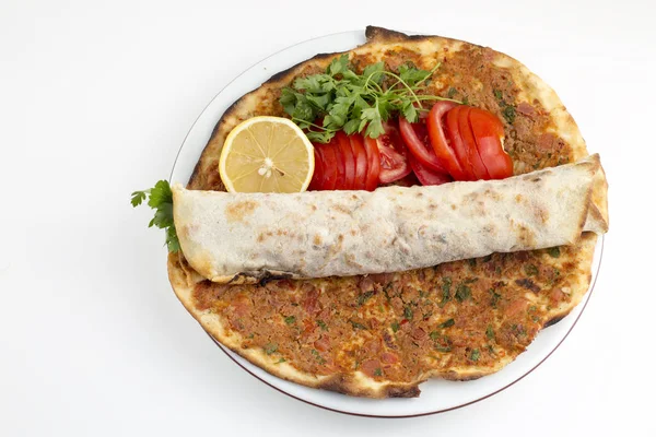 Comida Turca Tradicional Deliciosa Pizza Turca Pão Carne Lahmacun — Fotografia de Stock