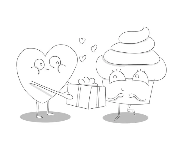 Fun cartoon characters; heart and gift surprise