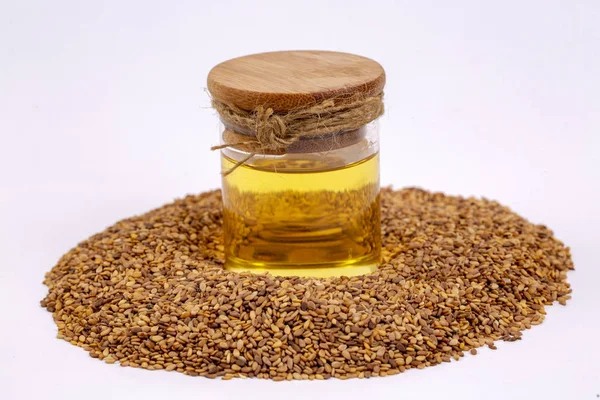 Bottle Sesame Oil Sesame Seeds Isolated — Stock Photo, Image