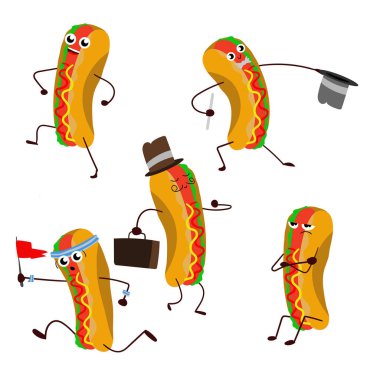 Sosisli sandviç, neşeli, eğlenceli çizgi film beyaz arka plan üzerinde çizim.