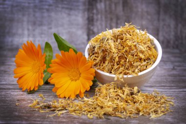 Taze ve kuru calendula officinalis bitkisel çiçekler