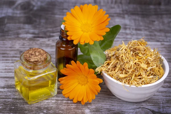 Az üveg és a csepp olaj elkülönített gyógynövény calendula officinalis — Stock Fotó