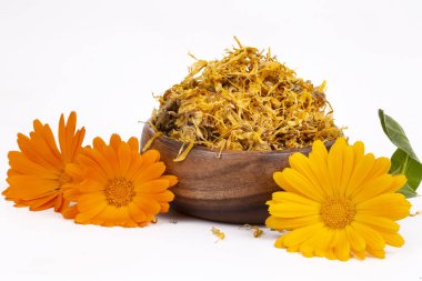 Taze ve kuru calendula officinalis bitkisel çiçekler
