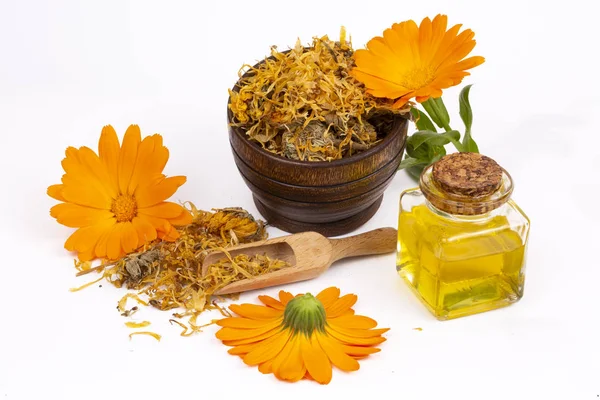 Herbal calendula officinalis in the glass and drop oil Isolated — Stock Photo, Image
