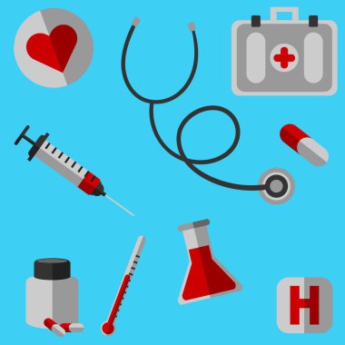 Elle çizilmiş tıp simgesi seti. Tıbbi sağlık, eczane doodl