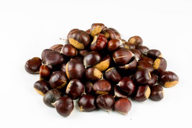 Olgun kestaneler yakın çekim. Noel için çiğ kestane. Taze tatlı kestane. Castanea sativa top wiew. Gıda arkaplanı.