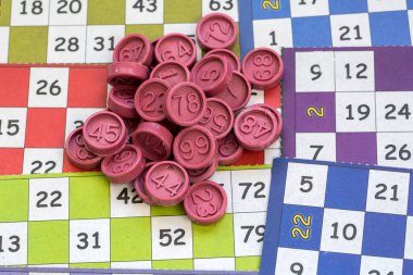 Renkli bingo kartları ve beyaz arkaplandaki numaralar, kapatın, izole edilmiş.