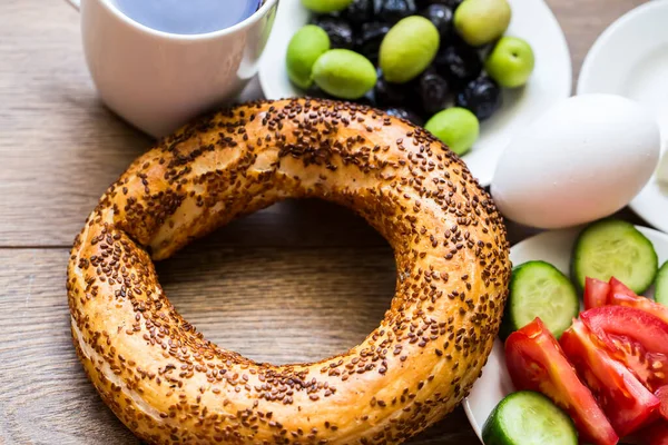 Café Manhã Tradicional Turco Com Queijo Feta Legumes Azeitonas Bagel — Fotografia de Stock