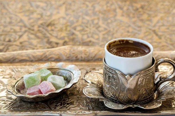 Café Turco Com Prazer Conjunto Serviço Cobre Tradicional — Fotografia de Stock