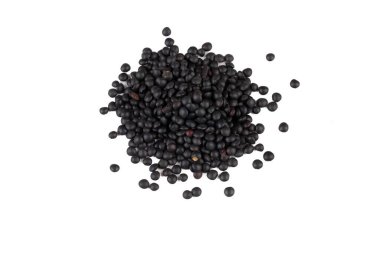 Beyaz arka planda izole edilmiş siyah mercimek. Çiğ siyah mercimek yığını.