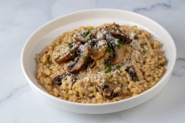 Porcini ve şampiyon mantarlı pilav.