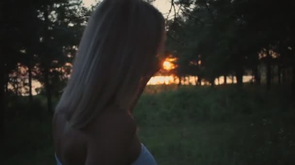 Hermosa chica embarazada al atardecer acariciando el vientre en movimiento — Vídeos de Stock