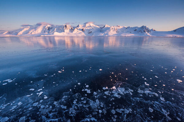  norway landscape nature of the mountains of Spitsbergen Longyearbyen  Svalbard   arctic ocean winter  polar day sunset sky