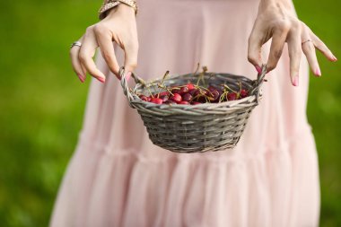 kiraz yeşil bir bahçe içinde bir sepet ile güzel bir romantik esmer kızın yakın çekim portre