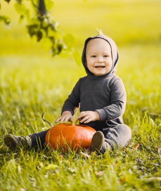 yakın çekim portre dragon kostüm güzel bir çocuk bir ile sarı sonbahar bahçe parkta güneşli gün gülümseyerek Halloween pumpkins ile kutluyor