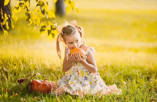 Detailní Portrét Krásné Dívky Romantické Oranžové Roztomilé Šaty Žlutý Podzim — Stock fotografie
