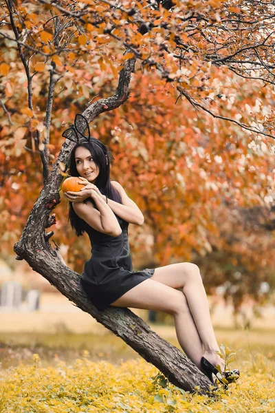 Close Hand Young Girl Witch Black Hat Orange Pumpkin Yellow — Stock Photo, Image