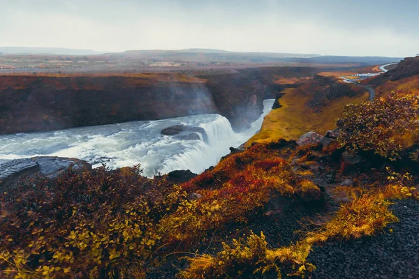 Majestuosa Cascada Gullfoss Islandia Otoño Con Tiempo Nublado —  Fotos de Stock