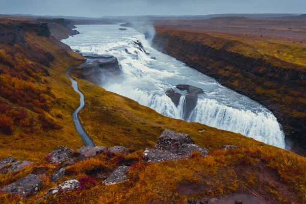 Majestic Waterfall Gullfoss Iceland Autumn Cloudy Weather — Stock Photo, Image