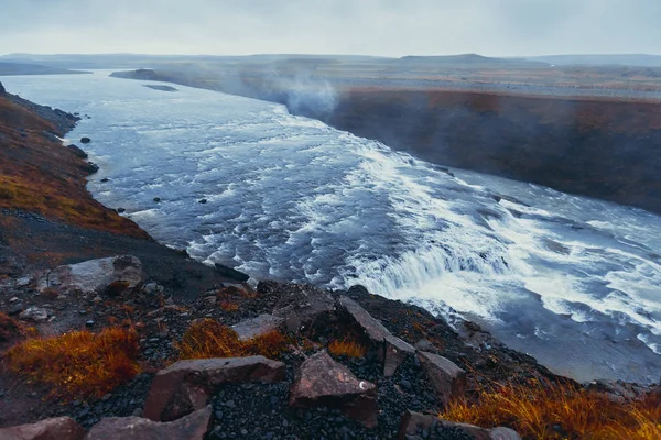 Majestic Vízesés Gullfoss Izlandon Ősszel Felhős Időben — Stock Fotó