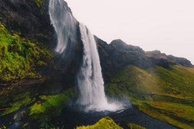 Görkemli şelale İzlanda'daki Seljalandsfoss bulutlu havalarda Güz