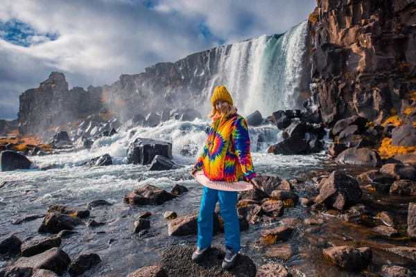 Fenséges Vízesés Oxararfoss Thingvellir Nemzeti Park Izlandon Ősszel Napos Időjárás — Stock Fotó