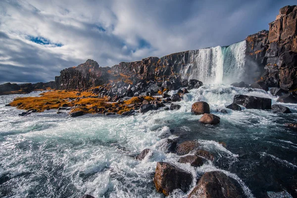 Majestosa Cachoeira Oxararfoss Thingvellir National Park Islândia Outono Tempo Ensolarado — Fotografia de Stock