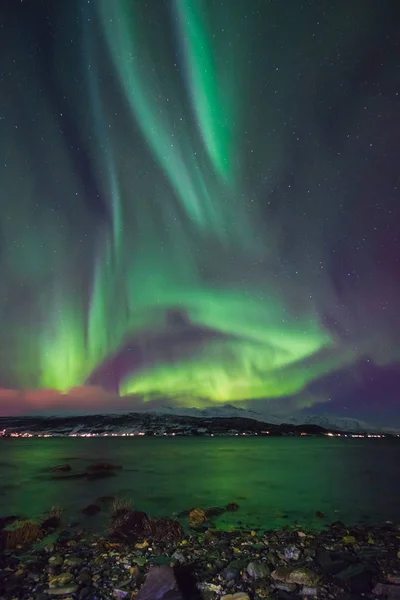 挪威斯瓦尔巴的极地北极北极光天空之星位于朗伊尔城的特罗姆瑟 — 图库照片