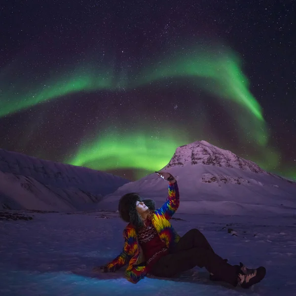 Artico Polare Aurora Boreale Cielo Stella Norvegia Viaggio Blogger Ragazza — Foto Stock