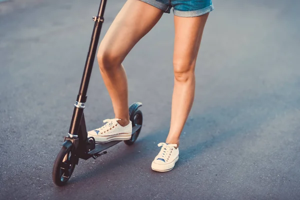Beautiful Young Girl Denim Shorts Riding Electric Scooter Sunglasses Long Royalty Free Stock Photos