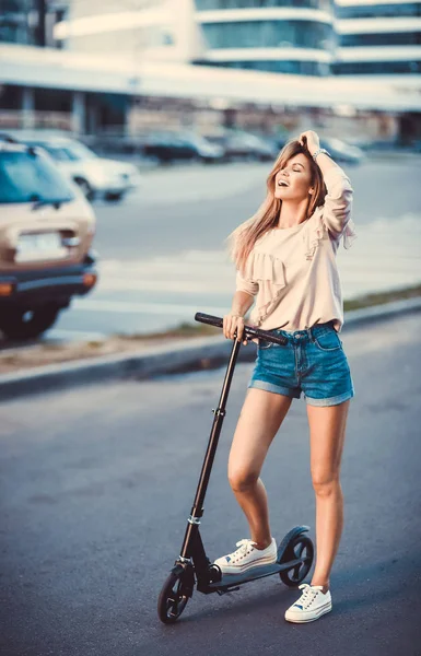 Beautiful Young Girl Denim Shorts Riding Electric Scooter Sunglasses Long Stock Image