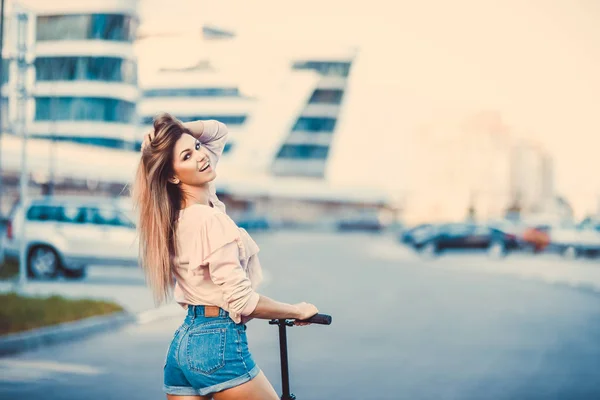 Beautiful Young Girl Denim Shorts Riding Electric Scooter Sunglasses Long Stock Image