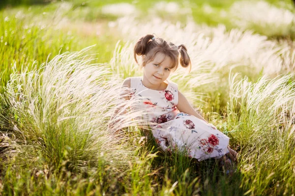春の咲く公園 夏の花の気分を背景に小さな美しい女の子の肖像画 — ストック写真