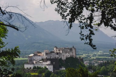 Avusturya'nın Salzburg antik kentinin manzarası. Mozart'ın memleketi. yaz aylarında çatılar, parklar ve mimari