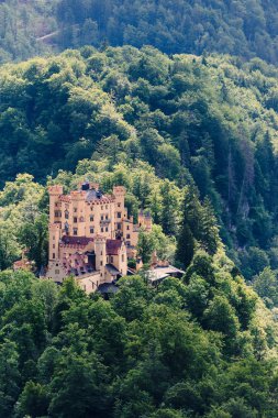 Dağlar arasında yaz aylarında Alman Bavyera Neuschwanstein Kalesi ünlü gotik kale