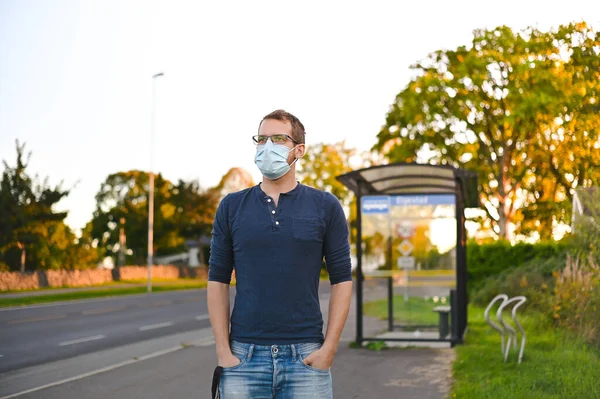 Portrait Attractive Nerd Long Sleeve Glasses Protective Face Mask Next — Stock Photo, Image