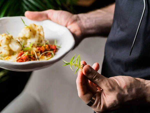 Cropped View Waiter Serving Salads Thyme Branch — Stock Photo, Image