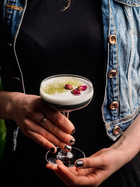 Cropped View Woman Denim Vest Holding Dessert Glass — Stock Photo, Image